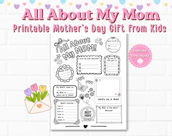 Todo sobre mi mamá (imprimible) / Entrevista del Día de la Madre para niños / Cuestionario para mamás / Hoja de trabajo del Día de la Madre / Actividad para el Día de la Madre para niños