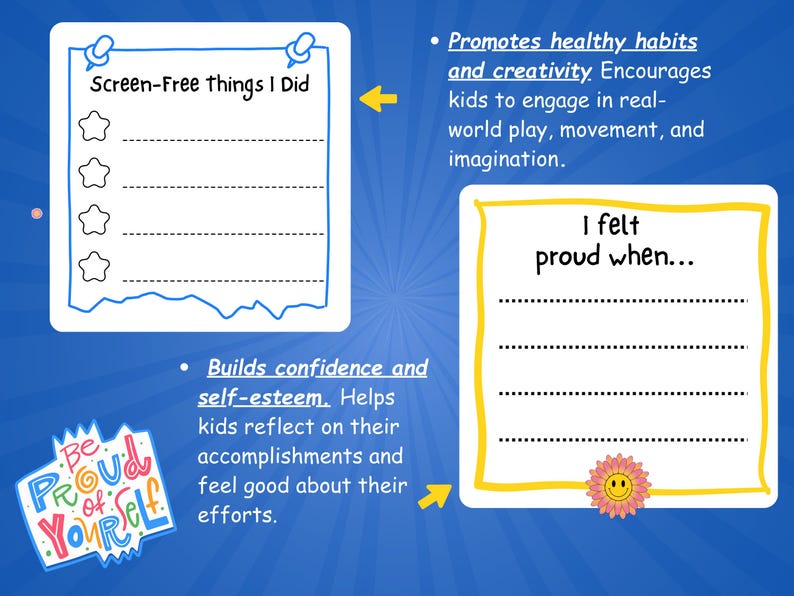 May include: A blue background with two white note cards and text. One card says "Screen-Free things I Did" with lines and stars. The other says "I felt proud when..." with lines and a flower. Text promotes healthy habits and builds confidence.