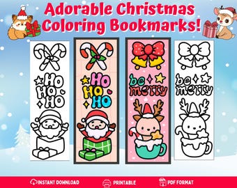 Marcapáginas navideños para colorear para niños / 8 adorables diseños navideños kawaii / PDF imprimible