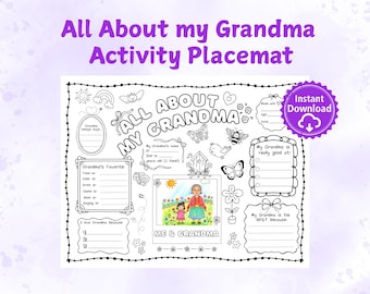 Mantel individual imprimible "Todo sobre mi abuela", regalo para el Día de la Madre para la abuela, actividad para niños para completar, recuerdo para la abuela, manualidad para el Día de la Madre en el aula.