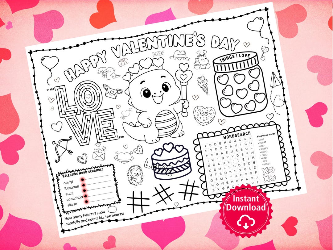 Valentine’s Day Coloring Placemat for Kids | Cute Dragon Valentine ...