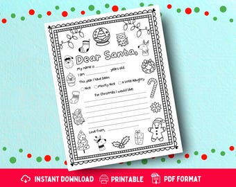 Plantilla imprimible de carta a Papá Noel para niños: página para colorear de descarga instantánea
