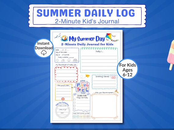 Summer Activity for Kids Printable, Daily Log Page, 2-Minute Journal, Screen-Free Summer Fun, Writing Drawing Planning Activity Ages 6–12