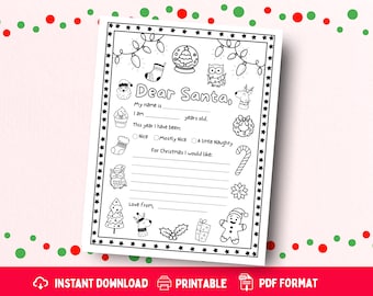 Página imprimible para niños de "Querido Papá Noel": Carta divertida con la lista de deseos navideños