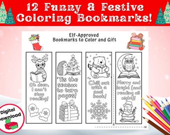 Paquete de marcapáginas navideños para colorear para niños: 12 marcapáginas divertidos, tabla de lectura de invierno y páginas para colorear adicionales.