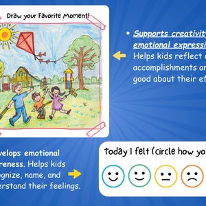 May include: A children's illustration showing a drawing of kids playing with a kite. Text includes "Draw your Favorite Moment!" and information about emotional expression and awareness. A section to circle how you feel is also included.