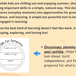 May include: A light yellow background with text about building skills in children. A white planner with the words "Plan for tomorrow" and prompts for "What will I do?", "Where will I go?", and "When?" is in the image.