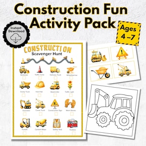 Construction Activity Bundle for Kids Ages 4-7 | Printable Scavenger Hunt, Matching Game & Coloring Pages | Prechool-2nd Learning Fun Pack