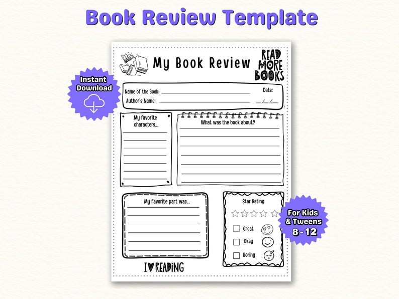 Może przedstawiać: Czarno-biały szablon recenzji książki z fioletowym tekstem "Book Review Template". Szablon zawiera sekcje na nazwę książki, autora, ulubione postacie i ocenę gwiazdkami. Jest przeznaczony dla dzieci i młodzieży w wieku 8-12 lat.