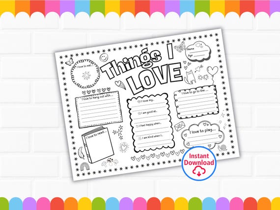 Things I Love Activity Sheet | Printable  Worksheet | Self-Love & Kindness Activity | Classroom, Home school INSTANT DOWNLOAD