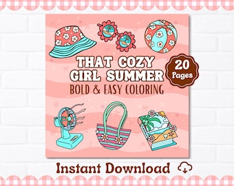 Páginas para colorear de verano para chicas acogedoras, libro para colorear estético, bonito, fácil y llamativo para niños, adolescentes y adultos, actividad relajante de verano para imprimir.