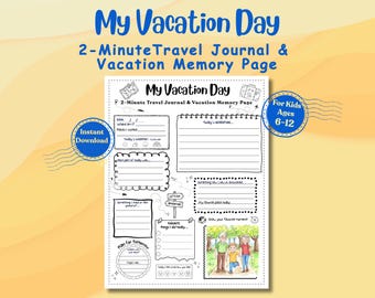 Vacation Journal for Kids Printable, Travel Memory Page, Summer Trip Activity,  Kids Travel Log,  Screen-Free, Ages 6–12, (Digital Download)