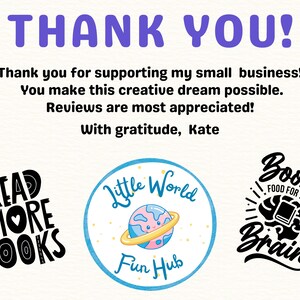 Może przedstawiać: Grafika z fioletowym napisem "THANK YOU!". Tekst wyraża wdzięczność za wspieranie małej firmy. Loga to "READ MORE BOOKS", "Little World Fun Hub" i "Books Food for the Brain".