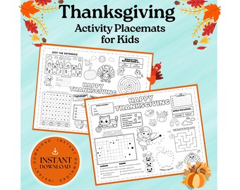 Tovaglietta stampabile per attività del Ringraziamento, pagina da colorare creativa per bambini, giochi divertenti, lavoretti stampabili, attività per riunioni di famiglia