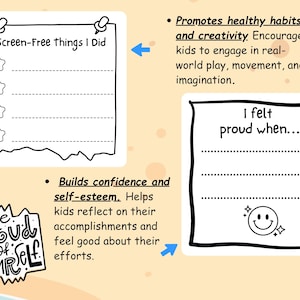 May include: A set of three white paper sheets with black outlines, designed for children. One sheet reads "Screen-Free things I Did" with star icons. Another says "I felt proud when..." with a smiley face. The third says "Be Proud of Yourself".