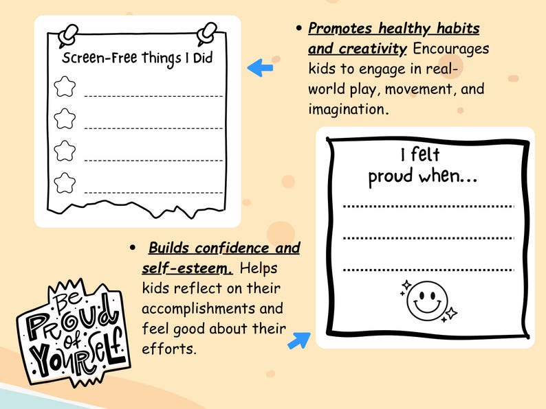 May include: A set of three white paper sheets with black outlines, designed for children. One sheet reads "Screen-Free things I Did" with star icons. Another says "I felt proud when..." with a smiley face. The third says "Be Proud of Yourself".