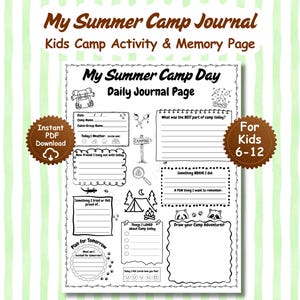 Può includere: Una pagina di diario stampabile per il campo estivo per bambini dai 6 ai 12 anni. Il diario include suggerimenti per attività quotidiane, ricordi e disegni. Presenta il testo "My Summer Camp Journal" e "My Summer Camp Day".