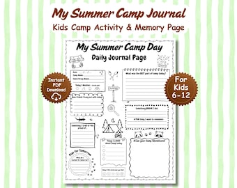 Camp Journal for Kids Printable, Summer Camp Memory Page, Camp Activity, Daily Camp Reflection Printable, Screen-Free Summer Fun Ages 6–12