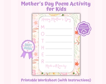 Actividad de escritura para el Día de la Madre (imprimible) / Hoja de trabajo de poema acróstico para niños / Actividad para el aula del Día de la Madre / Material de escritura para la educación en casa (imprimible)