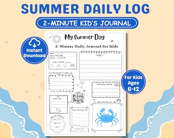 Diario de verano para niños / Diario diario de 2 minutos para imprimir, actividad sin pantallas, desarrolla la confianza y las habilidades de escritura, edades de 6 a 12 años (PDF)