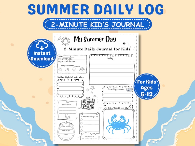 May include: A white 2-Minute Daily Journal for Kids with the title "My Summer Day". The journal includes sections for daily entries, doodles, and a crab illustration. The journal is designed for kids ages 6-12.