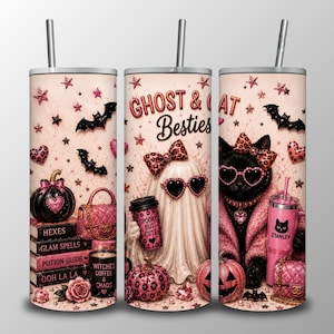 May include: Three cylindrical tumblers with metal straws featuring a pink and black Halloween theme. The design includes a ghost, a black cat, pumpkins, bats, stars, and books labeled Hexes, Glam Spells, Potion Guide, and Ooh La La. Text reads Ghost & Cat Besties, Spooky But Cute, and Witches Coffee & Chaos.