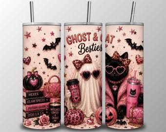 Ghost and Cat Besties Tumbler Wrap PNG, Black Cat and Ghost Halloween 20oz Skinny Tumbler Design, Pink Coquette Sublimation Digital Download