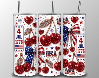 Patriotic Cherry 20oz Tumbler Wrap PNG, 4th of July Sublimation Design (Digital Download)
