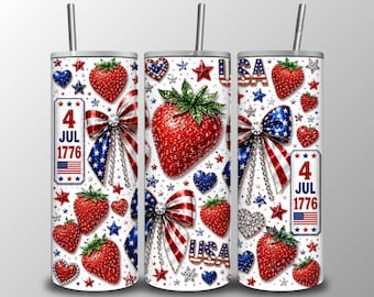 Patriotic Strawberry Tumbler Wrap, 4th of July Bow Sublimation Design (Digital Download)