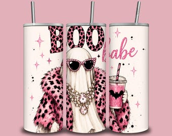 Boo Babe Tumbler Wrap PNG, Pink Ghost 20oz Skinny Tumbler Design, Coquette Halloween Sublimation Digital Download