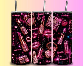 Diseño PNG de envoltura para vaso de maquillaje rosa glamuroso / Diseño cyberpunk de sublimación cosmética con purpurina (descarga digital)