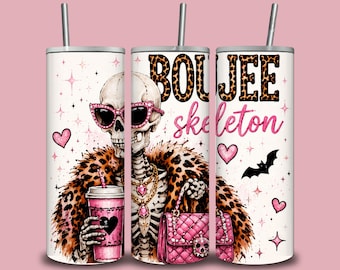 Boujee Skeleton Tumbler Wrap PNG | Pink Leopard Halloween 20 oz Skinny Tumbler Design