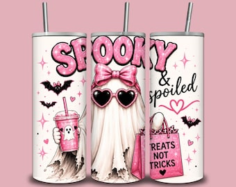 Spooky & Spoiled Ghost Tumbler Wrap PNG, Pink Coquette Ghost 20 oz Skinny Tumbler Design, Cute Halloween Sublimation Digital Download