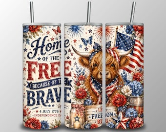 4th of July Highland Cow Tumbler Wrap PNG, Patriotic USA Sublimation, Home of the Free Digital Download