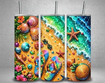Beach Summer Tumbler Wrap PNG | 20oz Skinny Tumbler Sublimation Design | Tropical Ocean Beach Wrap | Coastal Vacation Digital Download