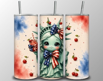 Kawaii Statue of Liberty Cherries 20oz Tumbler Wrap PNG,  4th of July Sublimation Design (Digital Download)