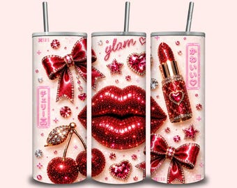 Diseño PNG de vaso térmico Cherry Coquette, diseño de vaso térmico delgado con labios rojos brillantes, sublimación de cereza y lápiz labial glamorosos, descarga digital de 20 oz
