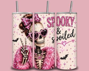 Spooky & Spoiled Tumbler Wrap PNG, Pink Coquette Skeleton 20oz Tumbler Design, Cute Halloween Skull Sublimation Digital Download