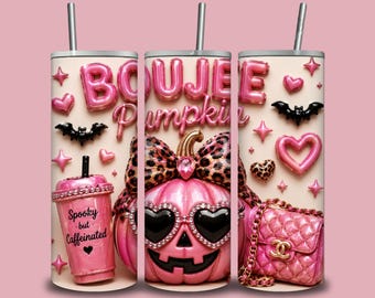 Boujee Pumpkin Tumbler Wrap PNG, Pink Coquette Jack O Lantern 20 oz Skinny Tumbler Design, Cute Halloween Sublimation Digital Download