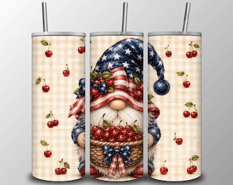 Patriotic Gnome Tumbler Wrap PNG, Cherry Basket Sublimation Design (Digital Download)