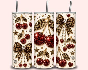 Diseño PNG de envoltura para vaso Leopard Cherry, diseño de vaso delgado Coquette Cherry, sublimación Glam Bow, descarga digital de lujo Cherry, envoltura de 20 oz