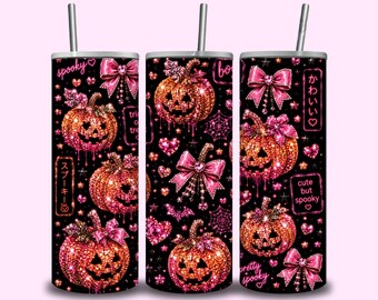 Pink Coquette Halloween Tumbler Wrap PNG, Glitter Pumpkin Skinny Tumbler Design, Cute Spooky Sublimation Digital Download, 20 oz Wrap