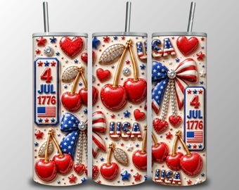4th of July Cherry PNG | USA Patriotic Coquette Cherry Bow 20oz Tumbler Wrap | Embossed Inflated 3D Glitter Design | Sublimation PNG