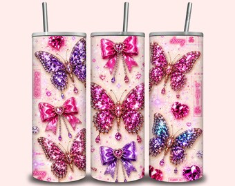 Diseño PNG de envoltorio para vaso con mariposa rosa, diseño de vaso delgado con mariposa coqueta, sublimación de lazo de diamantes de imitación, descarga digital glamurosa, envoltorio de 20 oz.