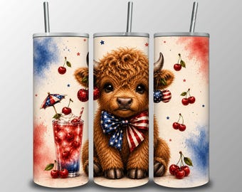 Patriotic Highland Cow Tumbler Wrap PNG, USA 20oz Skinny Tumbler ,  4th of July Sublimation Design (Digital Download)