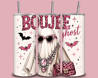 Boujee Ghost Tumbler Wrap PNG, Pink Coquette Ghost 20 oz Skinny Tumbler Design, Halloween Sublimation Digital Download
