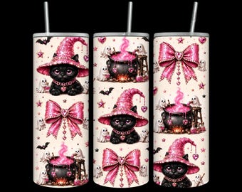 Pink Witch Cat Tumbler Wrap PNG, Coquette Halloween Cat Skinny Tumbler Design, Cute Ghost & Cauldron Sublimation Digital Download
