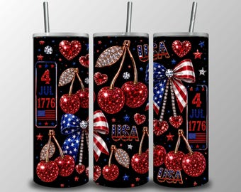 Patriotic Cherry 20oz Tumbler Wrap PNG, 4th of July Sublimation Design (Digital Download