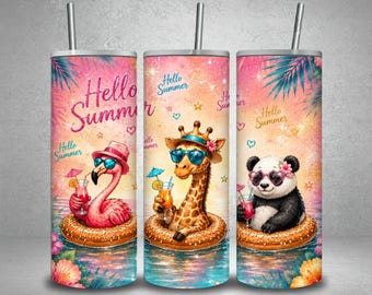 Tropical Animals Summer Tumbler Wrap PNG | Flamingo, Giraffe, Panda Sublimation Design |Pool Party Tumbler Wrap (Digital Download)