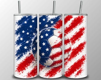 USA Soccer Ball Tumbler Wrap PNG, Patriotic Soccer Sublimation Design, 4th of July 20oz Skinny Tumbler Wrap